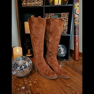 Burnt brown, suede, mid calf boots